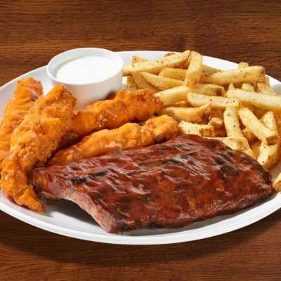 The Tailgater, barbeque baby back ribs, zingers and fries