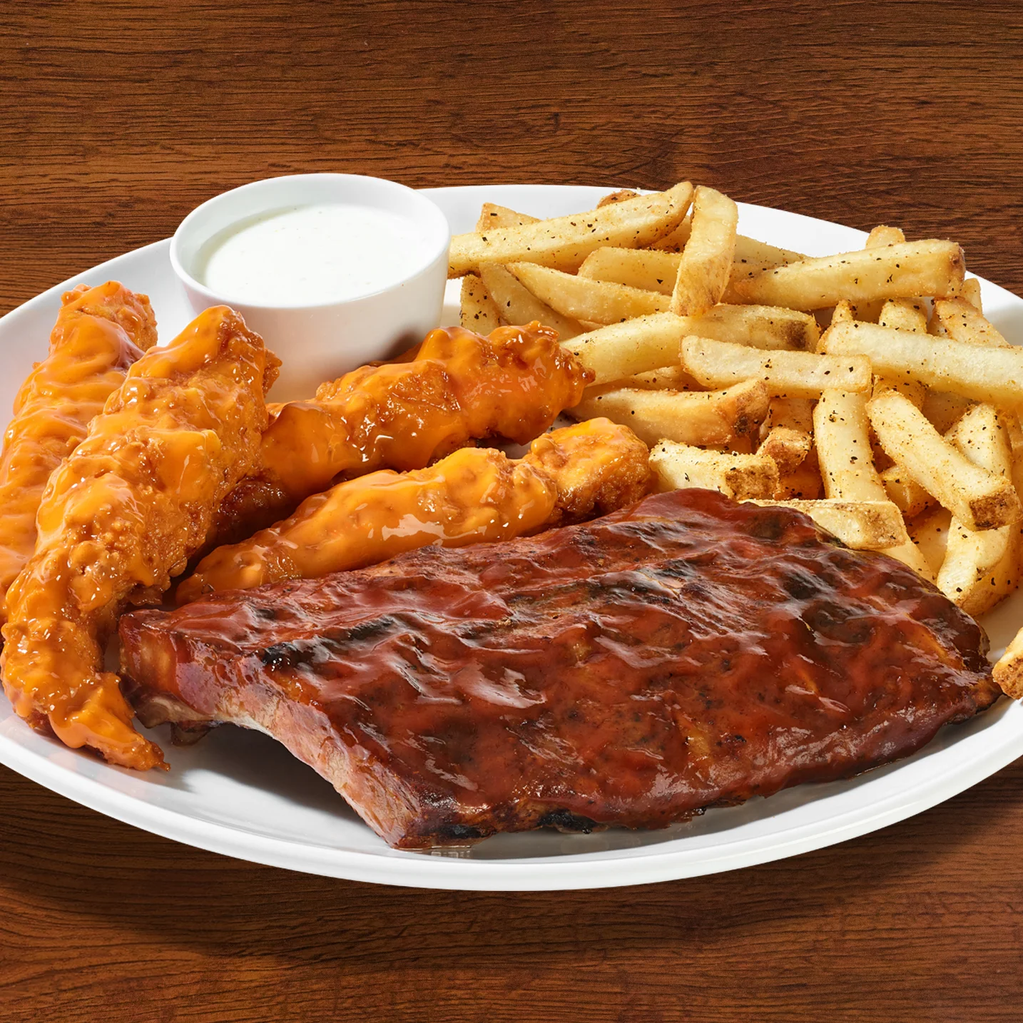 The Tailgater, barbeque baby back ribs, zingers and fries